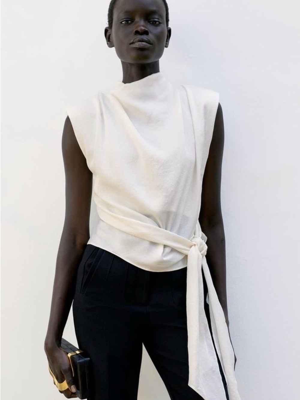 Zara Ivory Sleeveless Knot-Waist Top